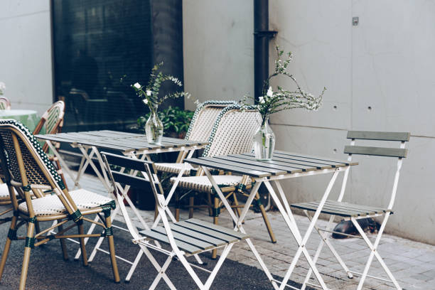Rows of tables at outdoor cafe