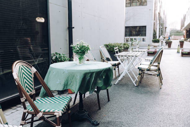 Rows of tables at outdoor cafe