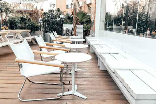Rows of tables at outdoor cafe