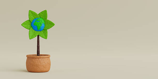 istock Plasticine Earth Globe as Flower, Growing in Plasticine Flower Pot. 3d Rendering 2206830303