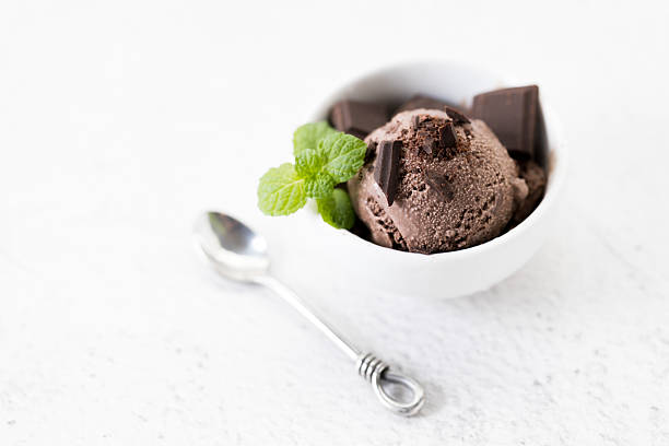 Chocolate ice cream with chocolate pieces and mint leaves in white cup. Closeup.
