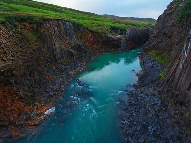 Awesome basalt Studlagil Canyon in Iceland. Aerial view