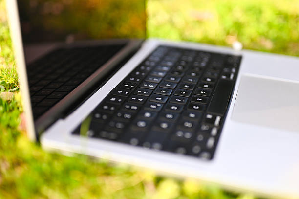 Modern laptop lying on green grass in a sunny day