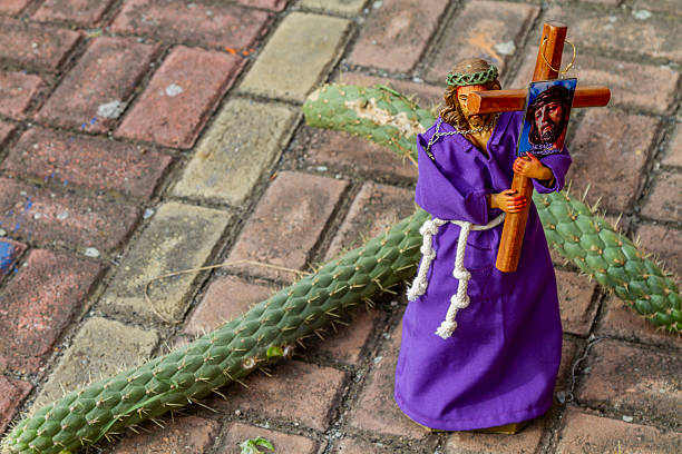 Purple figurine of Jesus Christ carrying a wooden cross with a cactus in the background, representing the suffering of Jesus during Holy Week in Quito, Ecuador