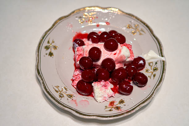 A strawberry dessert on the table in a pub. Close-up.