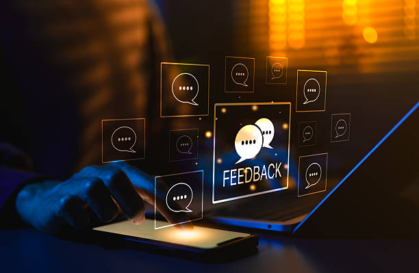 Feedback and Reputation Management Concept. Feedback icons represent online reviews, user comment ratings, feedback writing, satisfaction survey, reputation management in modern digital interfaces,