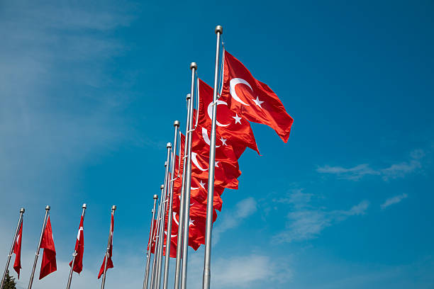 istock Turkish Flags Waving Against a Clear Blue Sky 2206882766