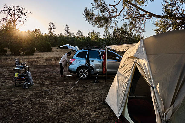 istock Woman camping with tent in forest at sunset 2206883699