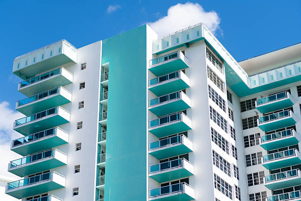 Miami Beach in Ocean Drive, USA. Art Deco building architecture. Architectural building. Art deco. Architectural district Art Deco. Modern condominium building of Miami beach. Ocean drive stock photo