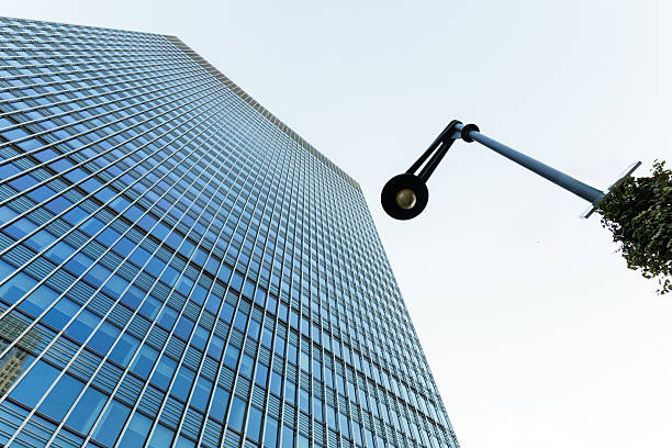Modern office building towering over a street lamp and some greenery, symbolizing the contrast between nature and urban development