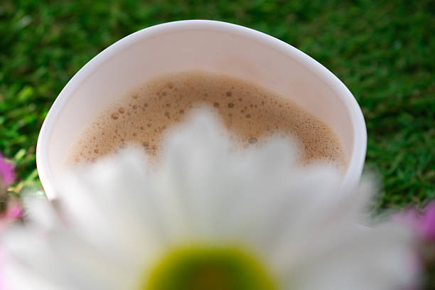 A white cup with colorful, circular patterns holds coffee on a grassy surface. Next to it, a vivid yellow notebook is adorned with a white flower, possibly a daisy. A lace-bordered fabric adds a delicate backdrop, creating a charming, serene setting, suggesting a casual, outdoor break or planning session.