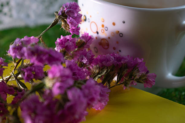 A close-up of a frothy cup of coffee on a yellow surface, next to vibrant purple flowers. The flowers have a delicate, papery texture and are clustered in small bunches, adding a vivid contrast against the smooth, dark liquid of the coffee. The bright yellow background enhances the colors, creating a cheerful and inviting scene.
