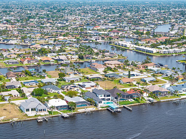 Drone angle view of waterfront homes on Cape Coral, Florida. Cape Coral was impacted by Hurricane Ian on September 28, 2022.