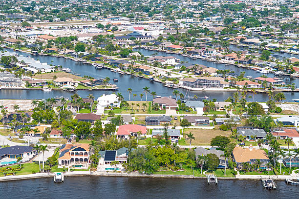 Drone angle view of waterfront homes on Cape Coral, Florida. Cape Coral was impacted by Hurricane Ian on September 28, 2022.