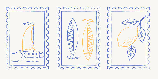 Set of Summer postal stamps with sailor boat, sardines and lemon. Vector illustration
