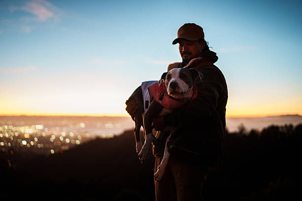 A Filipino man in his 30s affectionately holds his obedient and loyal pet dog while watching the sunset over San Francisco, California, USA from a scenic viewpoint.