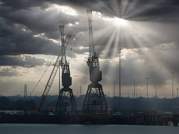 Southampton docks with the sun trying to break through the clouds