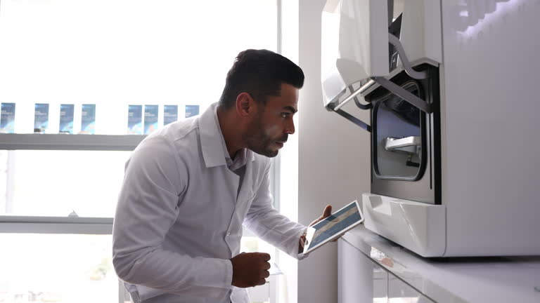 Health engineer working on a 3D print and checking the design on tablet using a brush to clean de mold