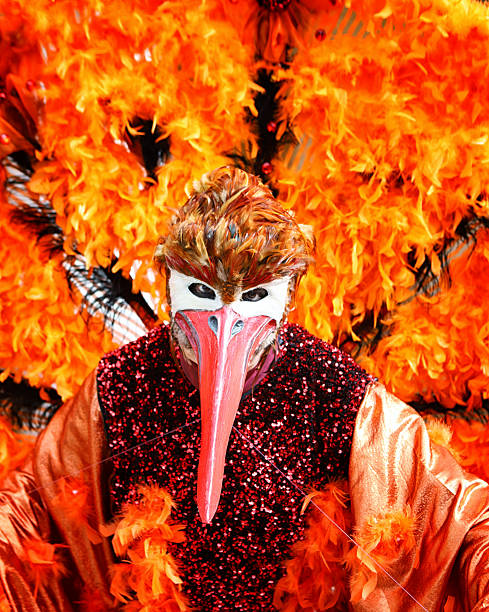 1st March - 2025. Venice. Italy.\n\nFantastic birdlike costume in orange tones . During the annual celebration of Venice Carnival. The town is full of unrecognizable people in their amazing costumes - just waiting to be seen and photographed. An event that attracts curious, locals, tourists and photographers from all over the world. Not too mention the performers who also come from everywhere in the world.