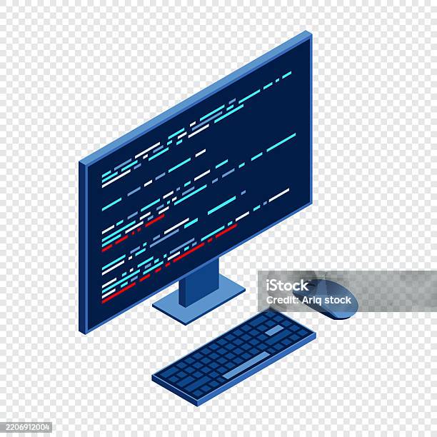 Isometric Monitor With Program Code On Screen Computer Programming With ...