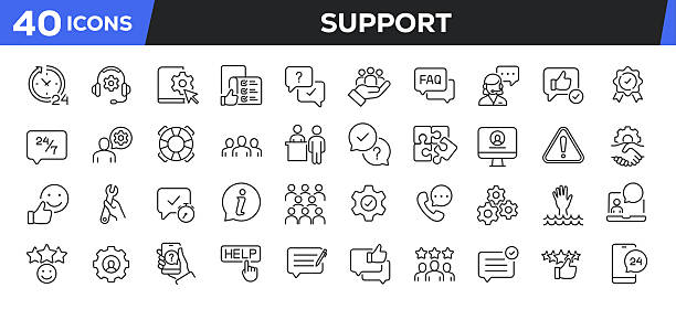 illustrations, cliparts, dessins animés et icônes de ensemble d’icônes de support. web ligne icônes collection service lié, assistant, information, service client. trait modifiable. illustration vectorielle pixel parfaite isolée sur fond blanc. - client