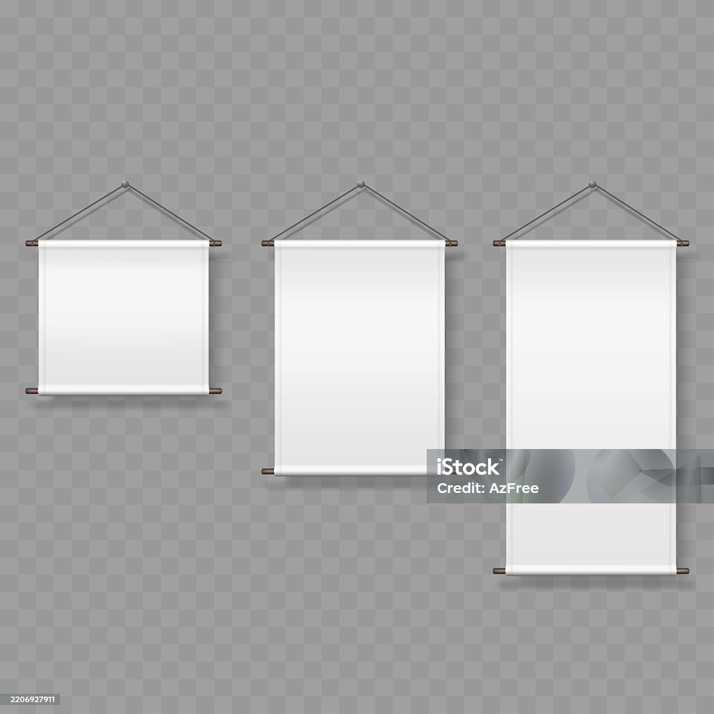 Empty String Banner Empty White Hanging Banner Flags With Wooden Rods Wall Mockup Vector ...