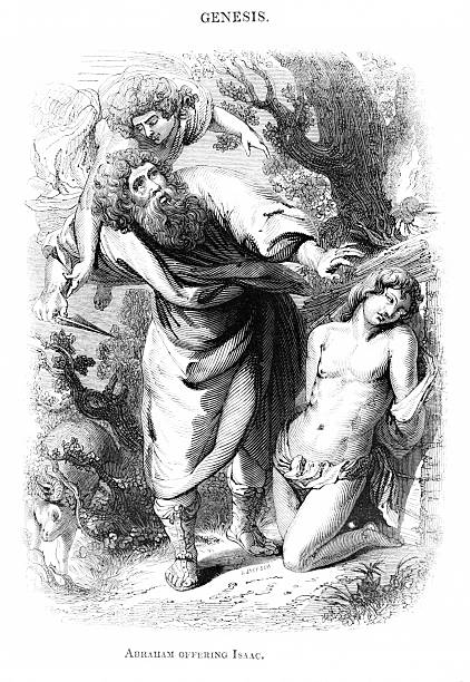 Abraham Offers Isaac to God, Middle East, Bible History, Judaism Isaac is ready to be sacrificed to God when an angel shows Abraham a ram in the thicket to be sacrificed instead. Illustration published 1836. This edition is in my private collection. Copyright is in public domain. father abraham stock illustrations