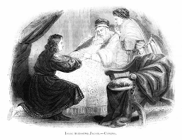 Jacob gets a second blessing from his father Isaac. Illustration published 1836. Copyright expired; artwork is in Public Domain.
