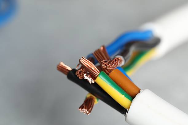 istock Colorful electrical wires on gray background, closeup 2206930167