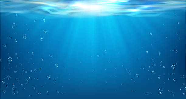 istock Oceanic or sea waters, underwater scenery of surface with bubbles and light texture of sunrays. Vector in realistic style, snorkeling and scuba diving scene with waves on top, vacation resort 2206930769