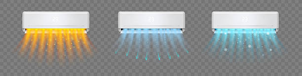 ilustrații de stoc cu aer condiționat cu valuri de vânt rece și calde, efect de condiționare răcoritoare și purificatoare. aparat electronic modern vectorial pentru controlul temperaturii și climatului în modurile de cameră, iarnă și vară - încălzire ventilație și condiționare a aerului