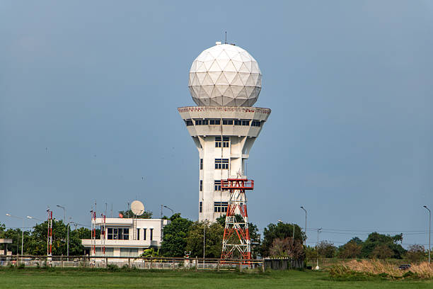 istock Aeronautical meteorological observations station tower with spherical radar antenna.Control tower with weather radar on airport, on blue sky background. 2206935212