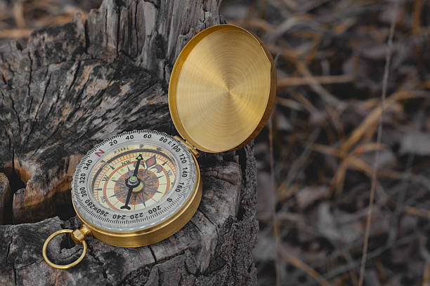 istock A gold compass is placed on a tree stump, showcasing a navigation tool and outdoor adventure. 2206940167