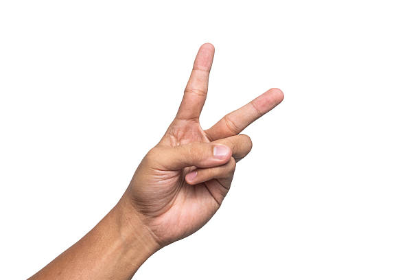 istock male hand showing two or peace gesture isolated on white background 2206944867