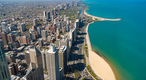 istock skyscraper aerial view. cityscape skyline. architectural building in metropolis. skyscraper architecture of chicago seaside city. metropolis city skyline. aerial view on waterfront cityscape 2206944901