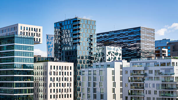 Norway Urban Oslo Modern Cityscape of Downtown Oslo, the capital city of Norway. Modern Architecture Business Buildings and Skyscapers under blue summer sky. Oslo City Center, Norway, Scandinavia, Northern Europe