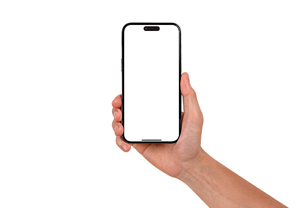 istock Hand holding smartphone with blank screen isolated on white background. High quality studio shot. Concept for technology, business, finance and advertising. 2206945689