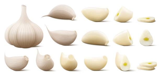 istock Garlic set. Whole garlic head, peeled and unpeeled cloves isolated on white background. Spice ingredient for cooking or spice and condiment product package design. Realistic 3d vector 2206947848