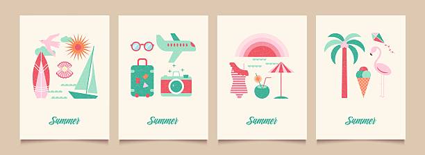 istock Summer backgrounds with icons or badges of vacation mood in flat design. Modern geometric vector illustrations. Trendy  posters, cards, banners, print on shirts. 2206950347