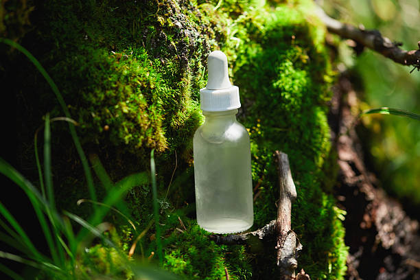 istock Small glass bottle on mossy forest floor under natural sunlight 2206952960