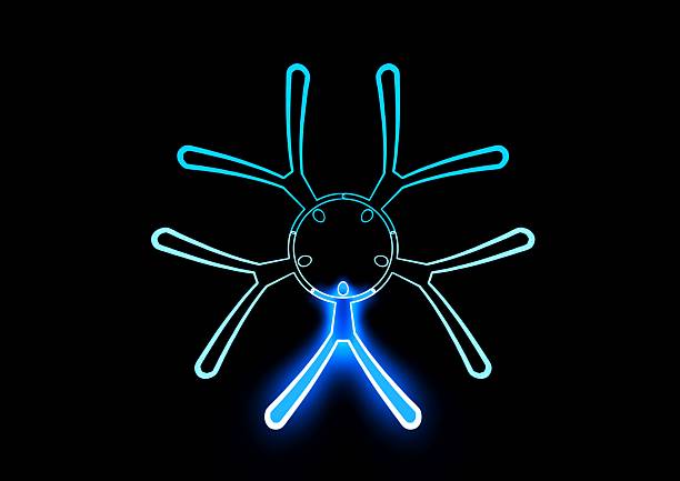3d silhouette illustration of people holding hands drawn with blue neon light lines on black background with text space