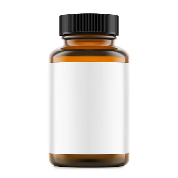 istock Brown glass wide mount bottle with screw cap and label mockup for treats, vitamins, supplements. 2206958497