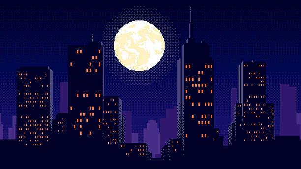 istock Night city with moon pixel art. Dark urban scape 8 bit illustration. 2206959814