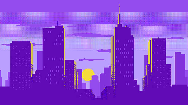 Sunset or sunrise over a modern city pixel art. Sunlight illuminates the silhouettes of buildings and skyscrapers. City landscape video game background. Retro style cityscape illustration.