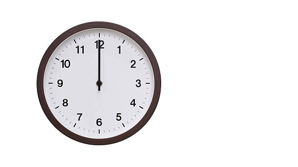 A simple round wall clock with a dark brown frame and a white face displaying 12.00/24.00/00.00 . Isolated on a white background, perfect for time-related concepts, deadlines, and schedule themes.