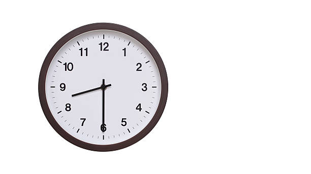 A simple round wall clock with a dark brown frame and a white face displaying 20.30/08.30. Isolated on a white background, perfect for time-related concepts, deadlines, and schedule themes.