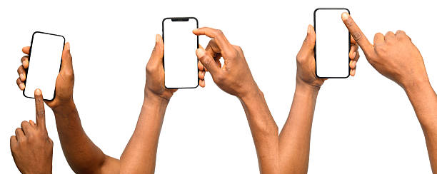 istock Set of Three Smartphone Mockups Featuring Hands Interacting with Blank Screens 2206962634