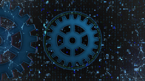 istock Abstract digital technology background with gears in a dark color palette 2206966742