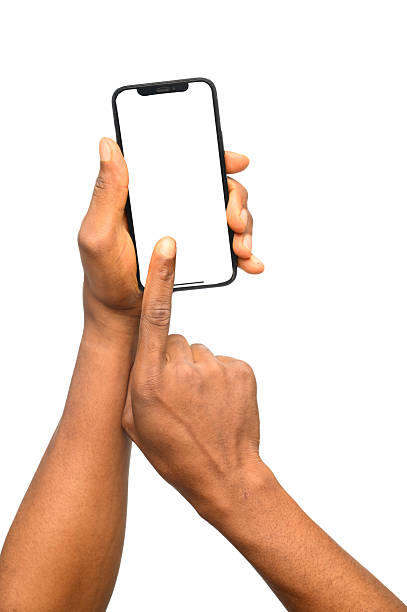 istock Hand Holding Smartphone in Portrait Mode with Finger Tapping Blank Screen 2206967883