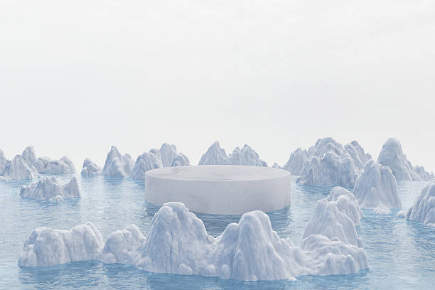 istock 3d render platform background and empty round stage, Snow podium on the lake with ice snow mountain in winter for product stand display, advertising cosmetic, mockup or etc 2206977134